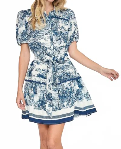 Umgee Toile Print Belted Lapel Collar Mini Skater Dress In Blue