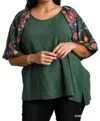 Umgee Top With Embroidery Sleeves Plus In Forest Green In Green