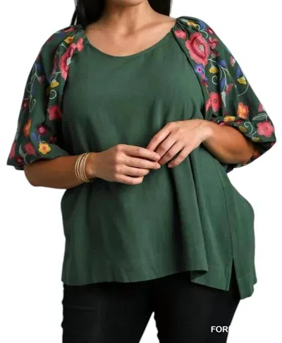 Umgee Top With Embroidery Sleeves Plus In Forest Green