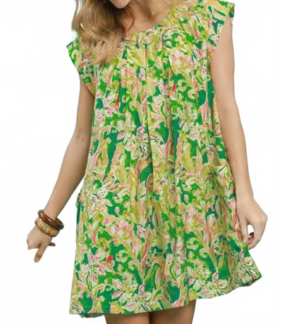 Umgee Tropical Floral Flutter Sleeve Swing Dress In Green Mix