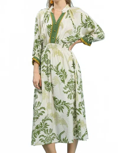 Umgee Tropical Leaf Midi Dress In Green