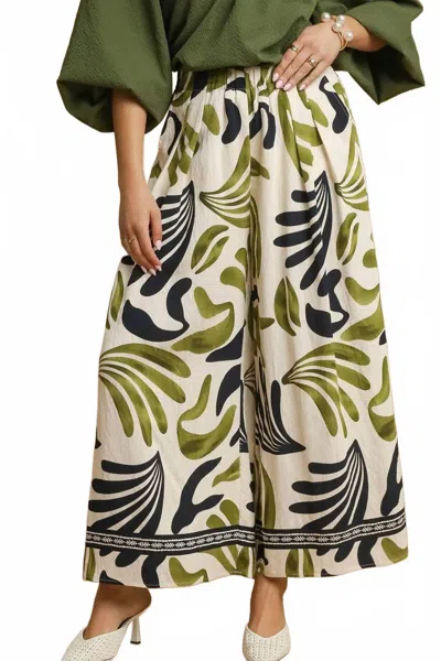 Umgee Tropical Leaf Print Wide Leg Pants In Olive Mix In Multi