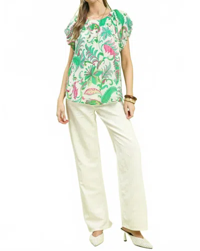 Umgee Tropical Paisley Puff Sleeve Blouse In Green In Animal Print