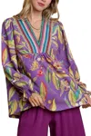 Umgee Tropical Print Embroidered V-neck Blouse In Purple Multi In Multi