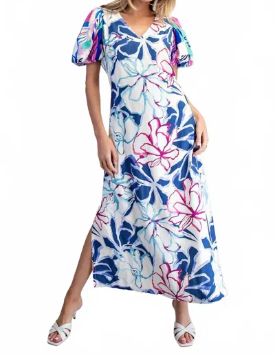 Umgee Tropical Print Puff Sleeve Maxi Dress In Blue Multi