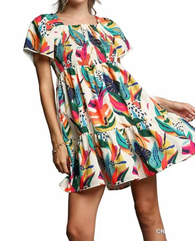 Umgee Tropical Print Smocked Detail Short Dress In Off White In Multi