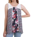 Umgee Twin Print Lace Sleeveless Top In Navy Mix In Multi