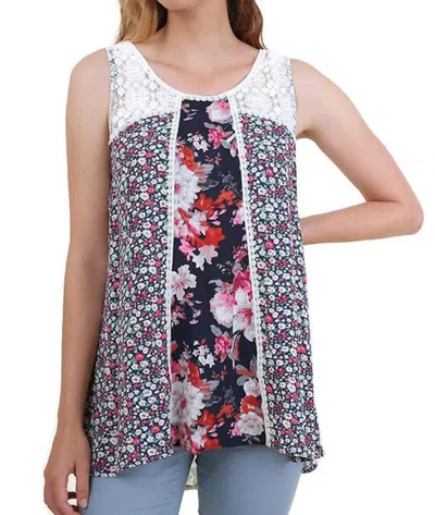 Umgee Twin Print Lace Sleeveless Top In Navy Mix In Multi