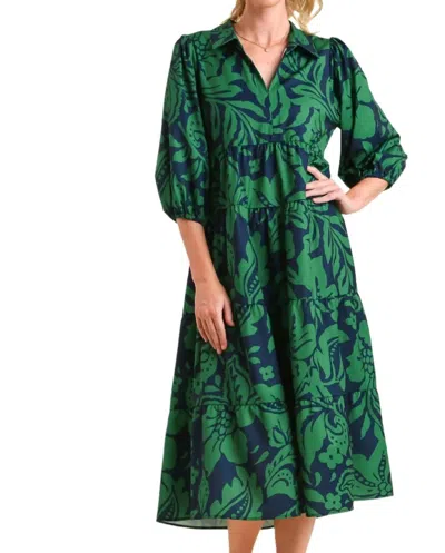 Umgee Two Tone Floral Print Midi Dress In Navy In Green