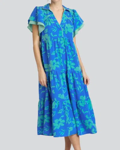 Umgee Two Tone Floral Print Tiered Dress In Azure In Blue
