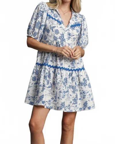 Umgee Two Tone Landscape China Print Mini Dress In Blue