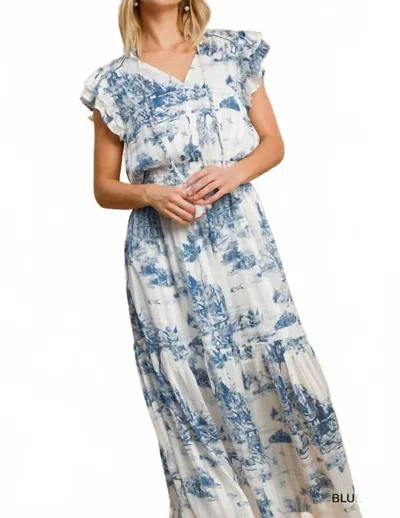 Umgee Two Tone Landscape Print Midi Dress In White In Blue