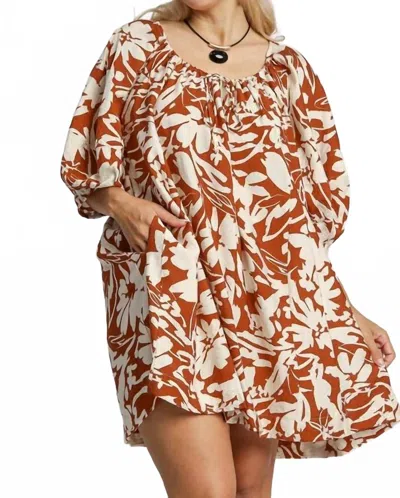 Umgee Two Tone Mini Dress In Rust Floral Mix In Brown