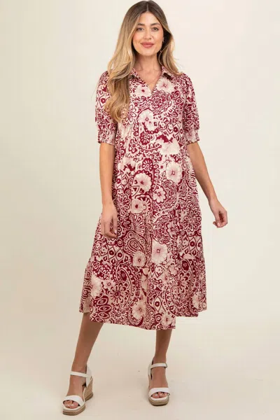 Umgee Two Tone Print A-line Tiered Dress In Burgundy & Cream Mix In Animal Print