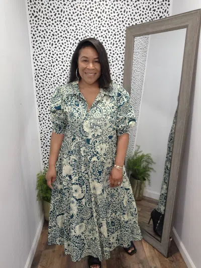 Umgee Two Tone Print A-line Tiered Dress In Teal & Cream Mix In Multi