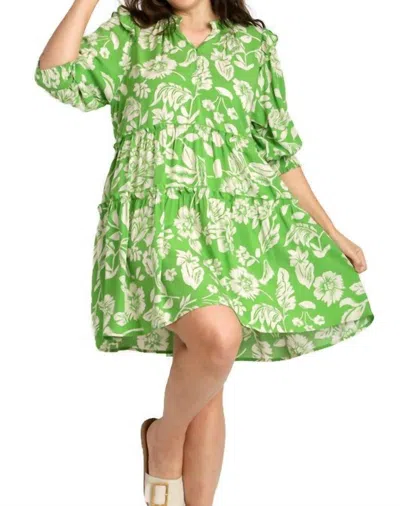 Umgee Two Tone Tiered Floral Dress In Green
