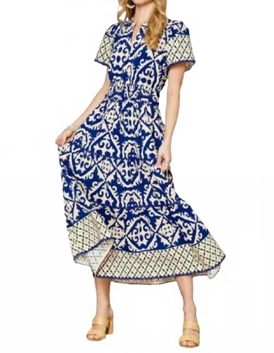 Umgee V-neck Abstract Print Midi Dress In Blue