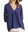 Umgee V-neck Babydoll Top In Denim In Multi