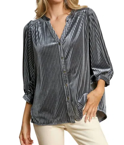 Umgee V-neck Button Down Velvet Top In Gumetal In Multi