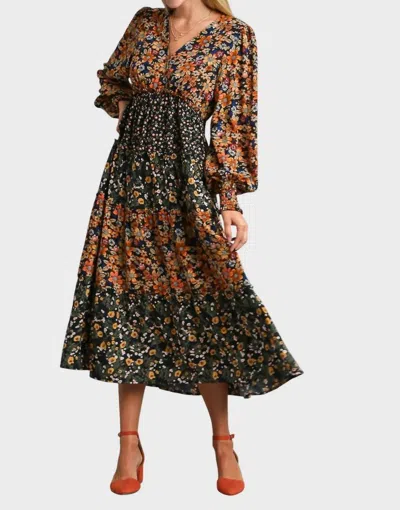 Umgee V Neck Floral Print Midi Dress In Black Mix