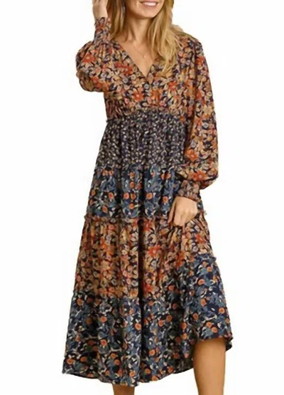 Umgee V Neck Floral Print Midi Dress In Navy Mix