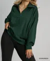 Umgee V-neck Long Sleeve Polo Sweatshirt Plus In Emerald In Gold
