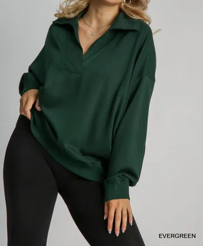 Umgee V-neck Long Sleeve Polo Sweatshirt Plus In Emerald In Gold
