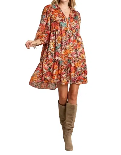 Umgee V-neck Metallic Floral Print Dress In Black Mix