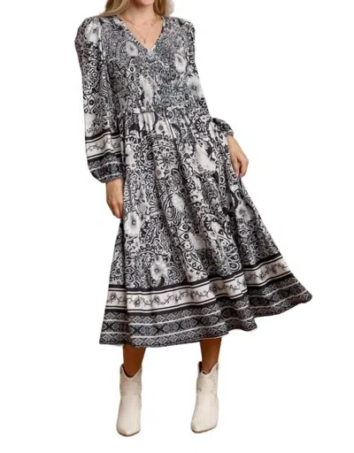 Umgee V-neck Smocking Maxi Dress With Border Details In Black/white In Multi