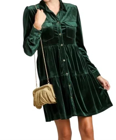 Umgee Velvet Button Down Tiered Dress In Emerald Green