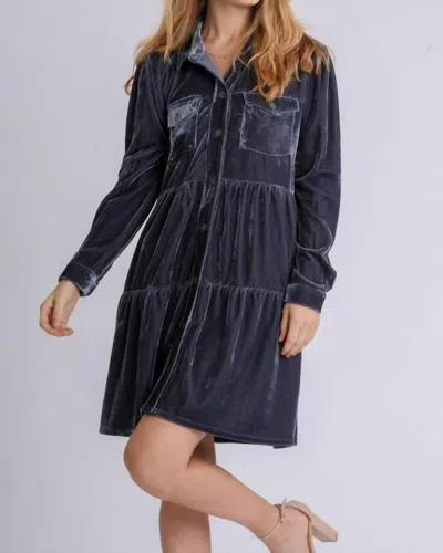 Umgee Velvet Button Down Tiered Dress In Steel Blue