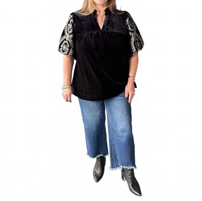 Umgee Velvet Embroidered Sleeve Top In Black