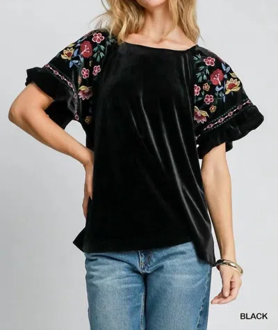 Umgee Velvet Floral Embroidery Top In Black