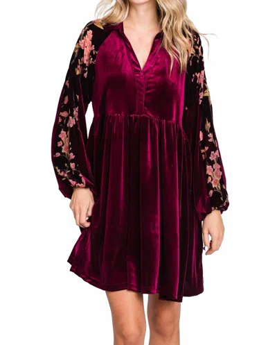 Umgee Velvet Floral Long Sleeve Maternity Dress In Wine In Pink