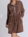 Umgee Velvet Long Sleeve Button Down Tiered Dress In Brown In Brown