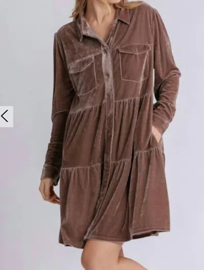 Umgee Velvet Long Sleeve Button Down Tiered Dress In Brown