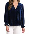 Umgee Velvet Ribbed Sleeve V-neck Tie Blouse In Navy In Blue
