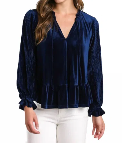 Umgee Velvet Ribbed Sleeve V-neck Tie Blouse In Navy
