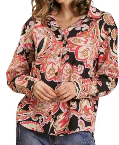 Umgee Vintage Paisley Print Button-up Blouse In Black Mix In Multi