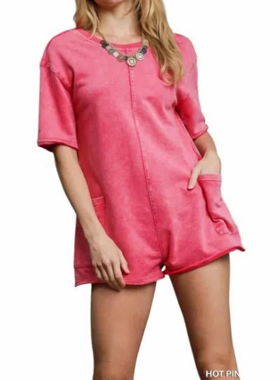 Umgee Vintage Short Sleeve Romper In Hot Pink