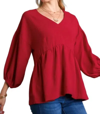 Umgee V-neck Babydoll Top In Red