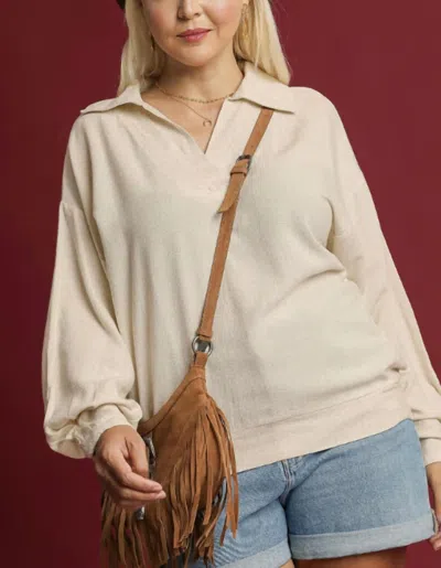 Umgee V-neck Long Sleeve Linen Top In Oatmeal In Neutral