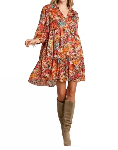 Umgee V-neck Metallic Floral Print Dress In Black Mix In Multi