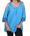 Umgee Washed Cold Shoulder Lace Trim Top In Blue In Blue