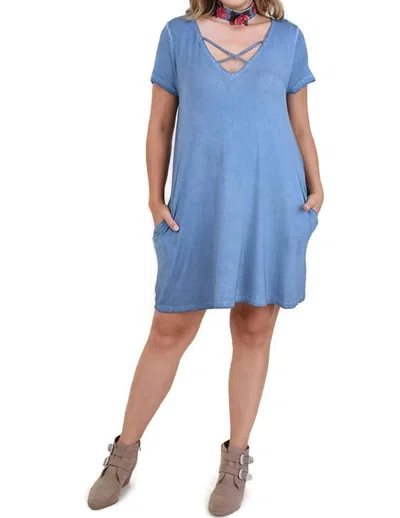 Umgee Washed Criss Cross Short Sleeve Dress In Blue