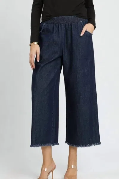 Umgee Washed Pants With Fringe Hem In Dark Denim In Blue