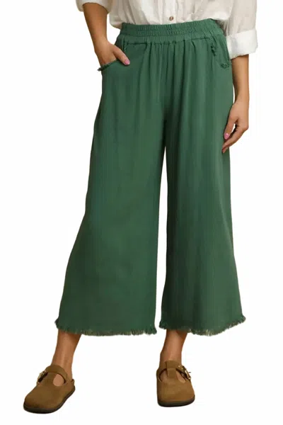 Umgee Wide Leg Fringe Ankle Pants In Palm Green