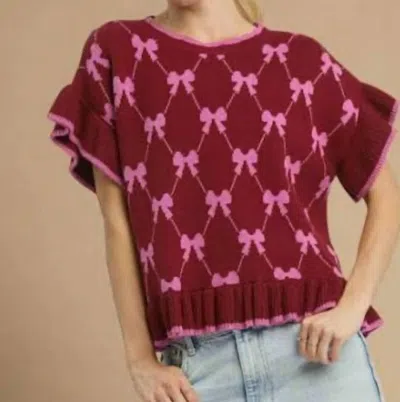 Umgee Women's Bow Knit Ruffle Sleeve Sweater In Red In Multi