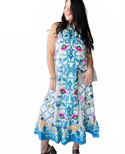 Umgee Women's Chambray Mix Halter Dress In Blue