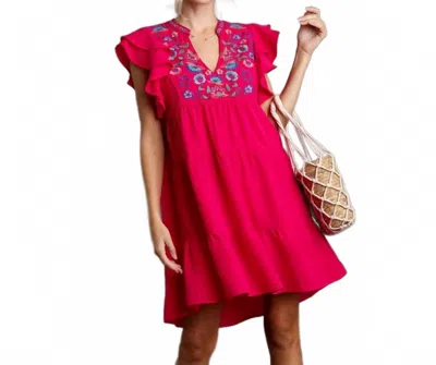 Umgee Women's Embroidery Split Neck A Line Dress In Pink In Red